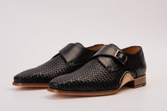 The Rolls Woven Black Leather Single Monk Strap Handmade Shoe All New