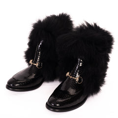 The Izmir Black Patent Leather Natural Fur Mid Calf Boot For Sale