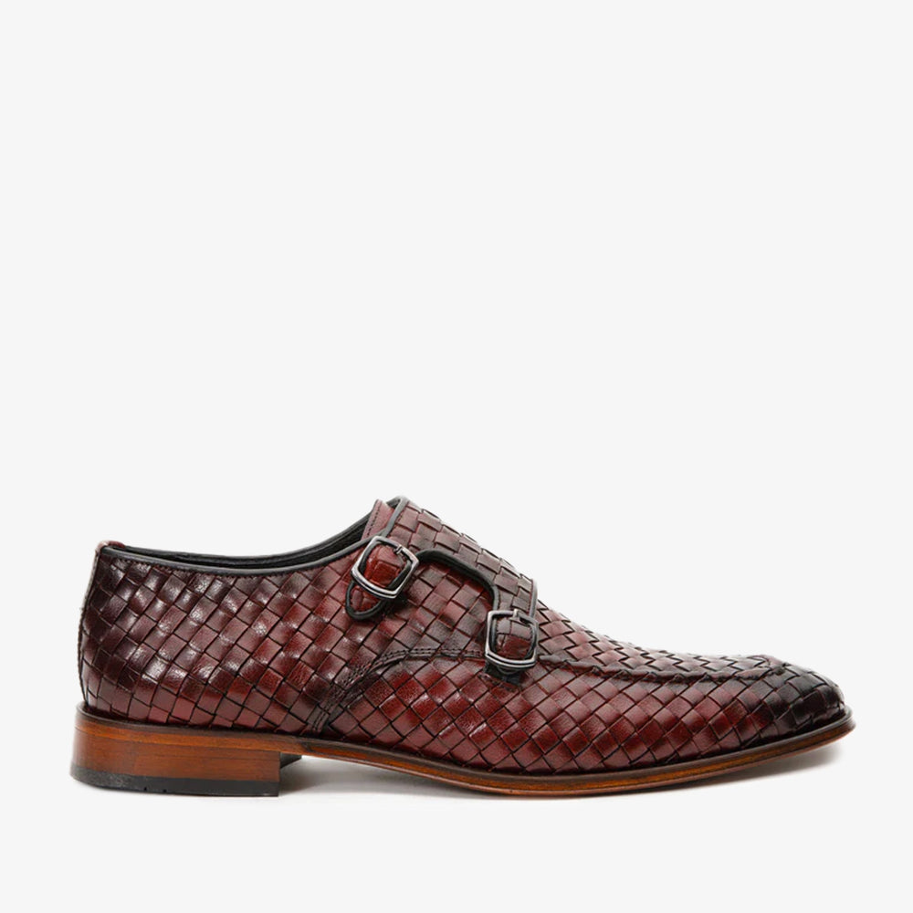 The Turan Burgundy Woven Double Monk Strap Dress Shoe For Sale