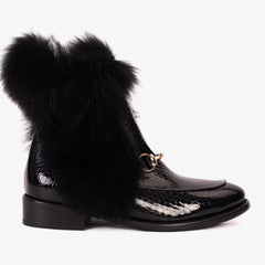 The Izmir Black Patent Leather Natural Fur Mid Calf  Boot For Sale