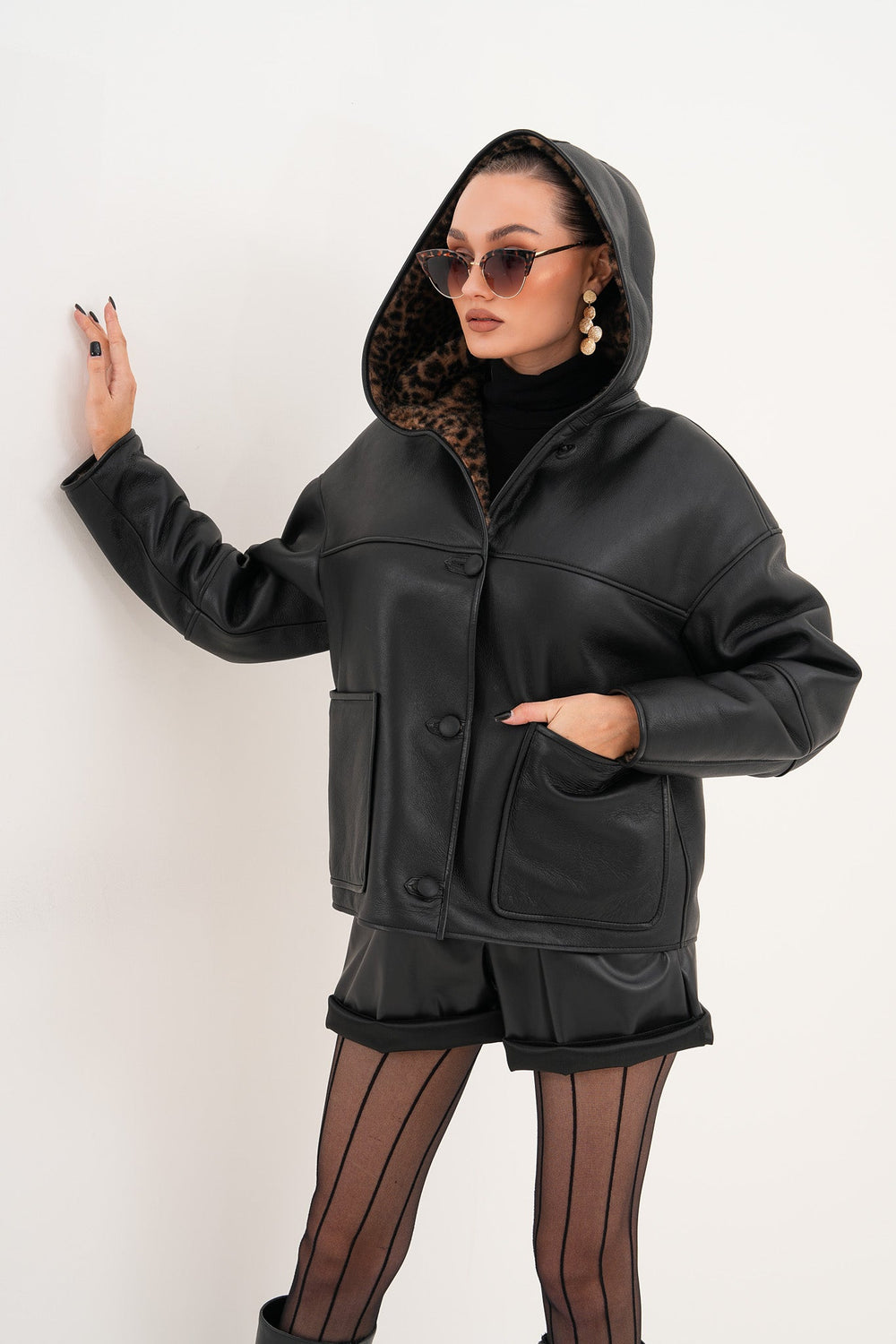 The Arlena Black \u0026amp; Leopard Shearling Leather Jacket Universal Fit